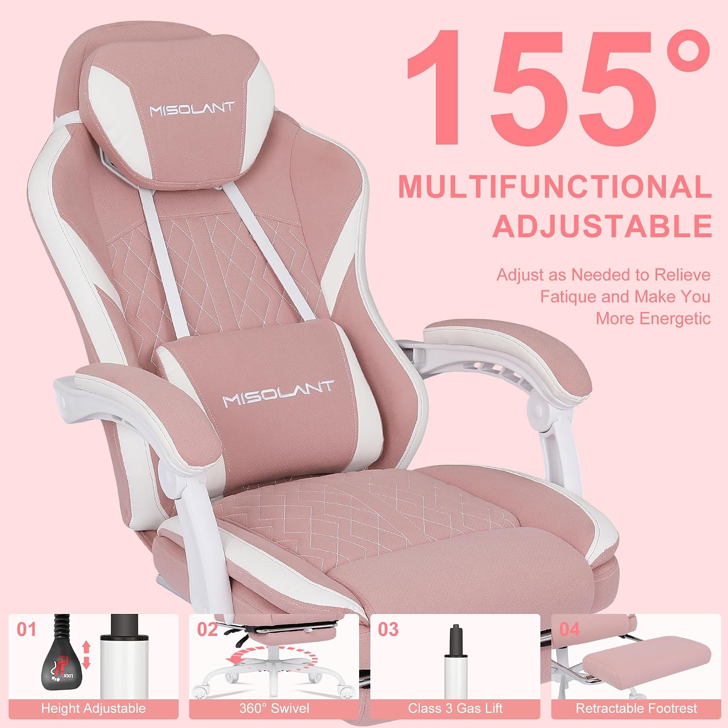 Misolant Gaming Chair, Fabric Gamer Chair with footrest for Adults, High Back Ergonomic Computer Game Chair with Adjustable Headrest and Massage Lumbar Support, 90-155° Recline Free, Pink