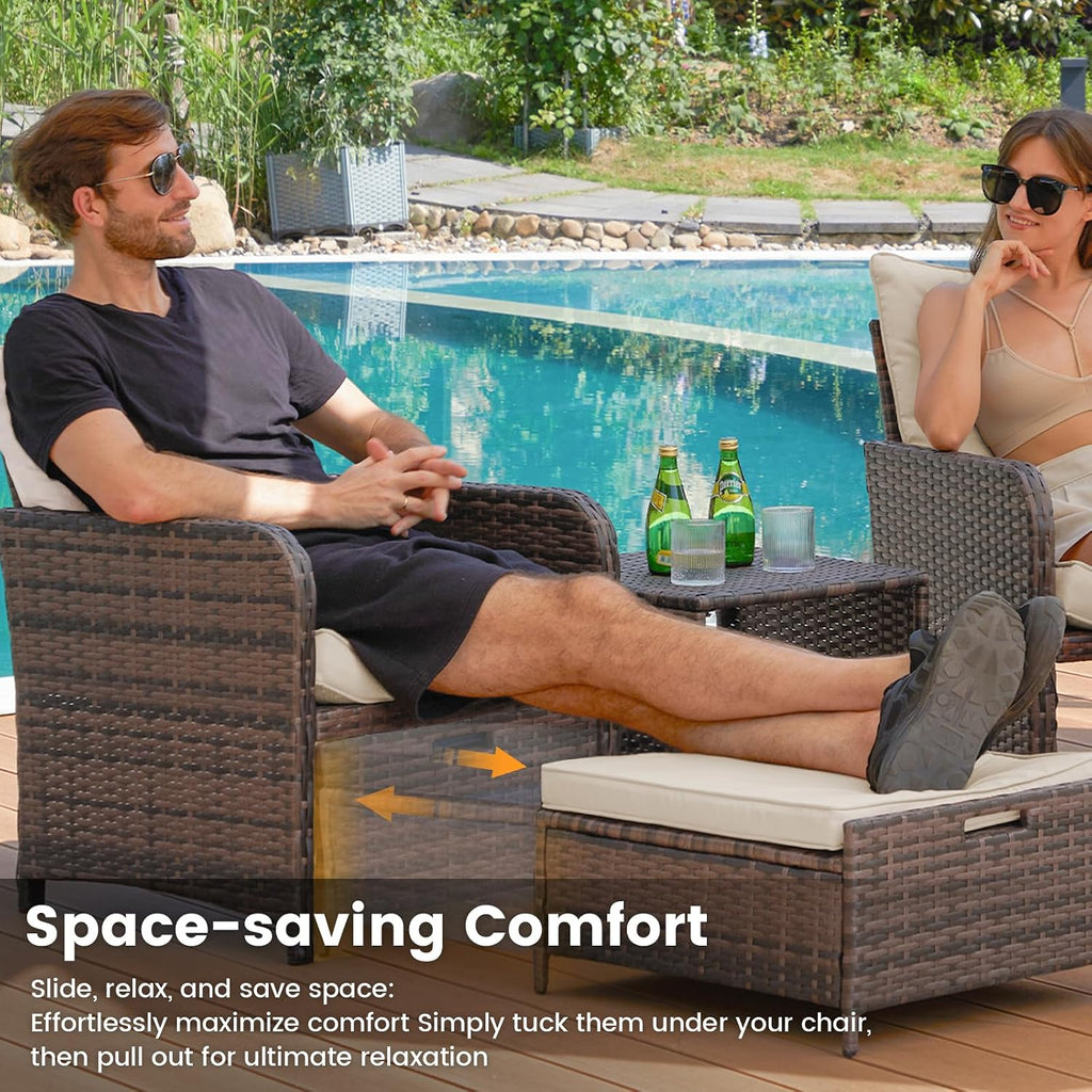 UDPATIO Wicker Patio Furniture Chair with Hiddern Ottoman for Balcony, 5 Piece Patio Conversation Set with Side Table for Front Porch Deck