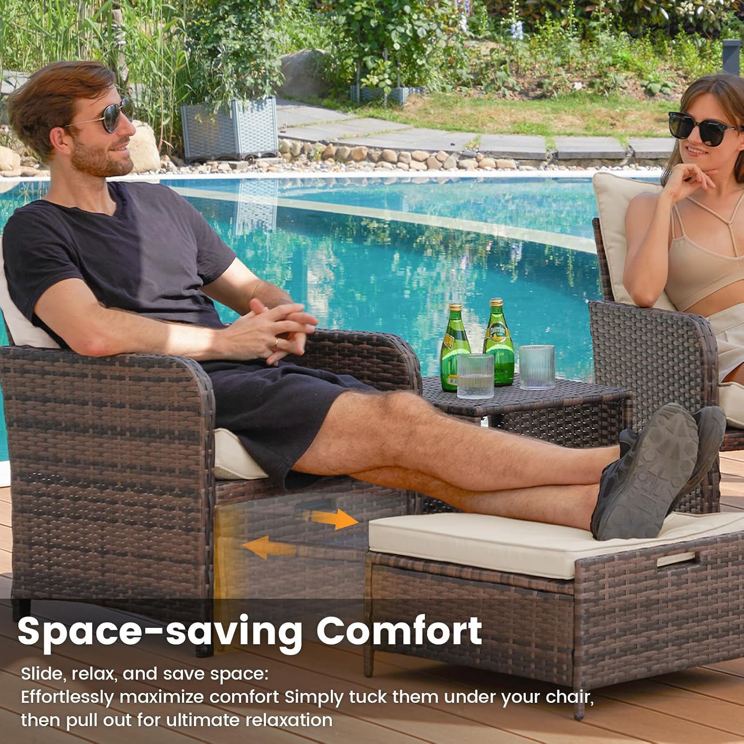 UDPATIO Wicker Patio Furniture Chair with Hiddern Ottoman for Balcony, 5 Piece Patio Conversation Set with Side Table for Front Porch Deck