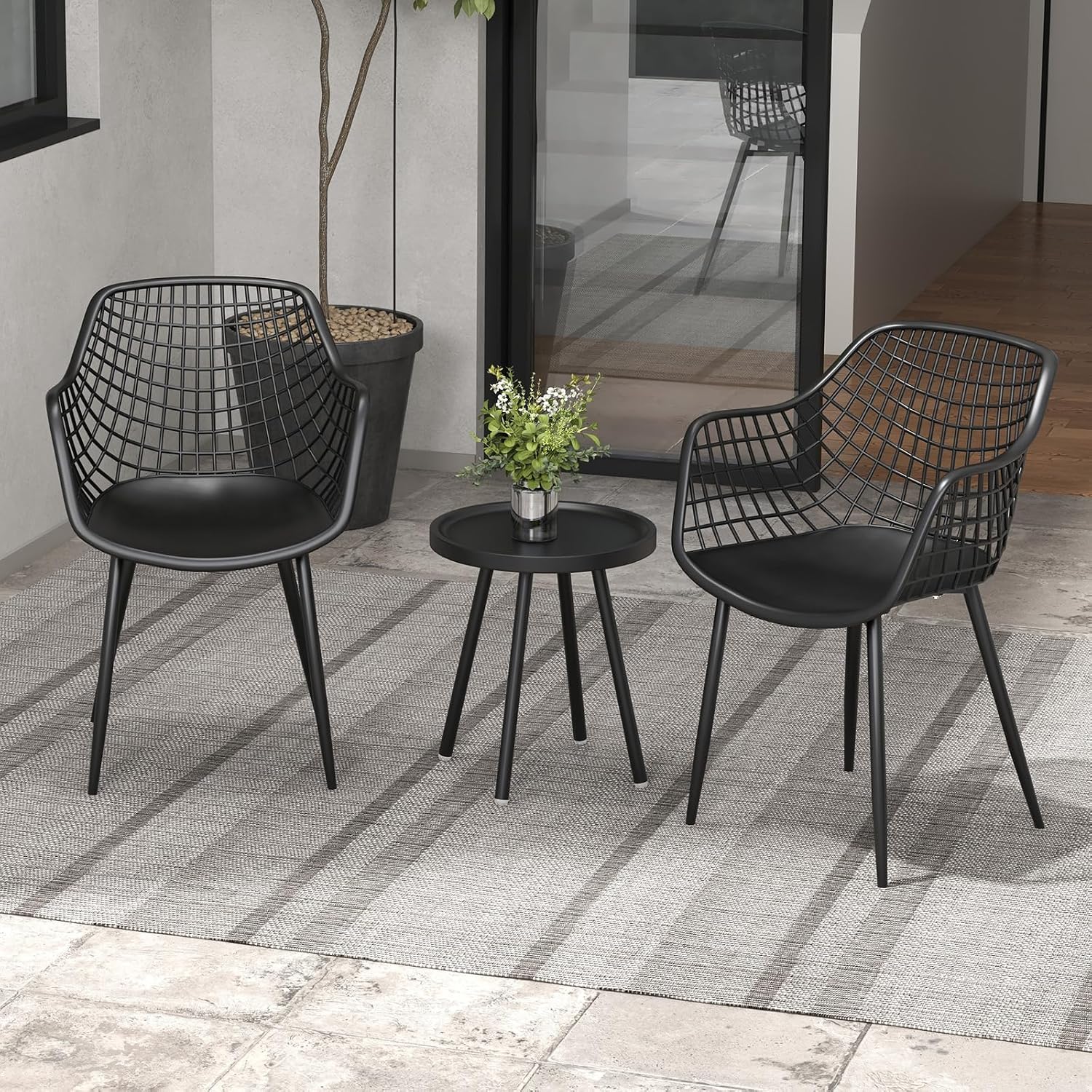 Giantex 3 Piece Patio Furniture Set, Outdoor Bistro Table and Chairs Set of 2, PP Seat & Metal Legs, Small Conversation Set for Balcony Front Porch Deck Backyard Lawn (Black)
