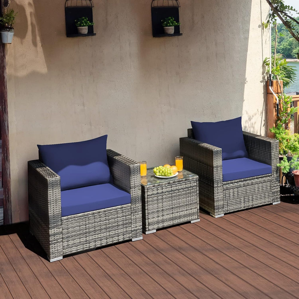 COSTWAY 3-Piece Patio Furniture Set, Outdoor Wicker Rattan Sofa with Cushions and Coffee Table, Conversation Chair Set for Poolside Backyard Balcony Lawn (Navy)