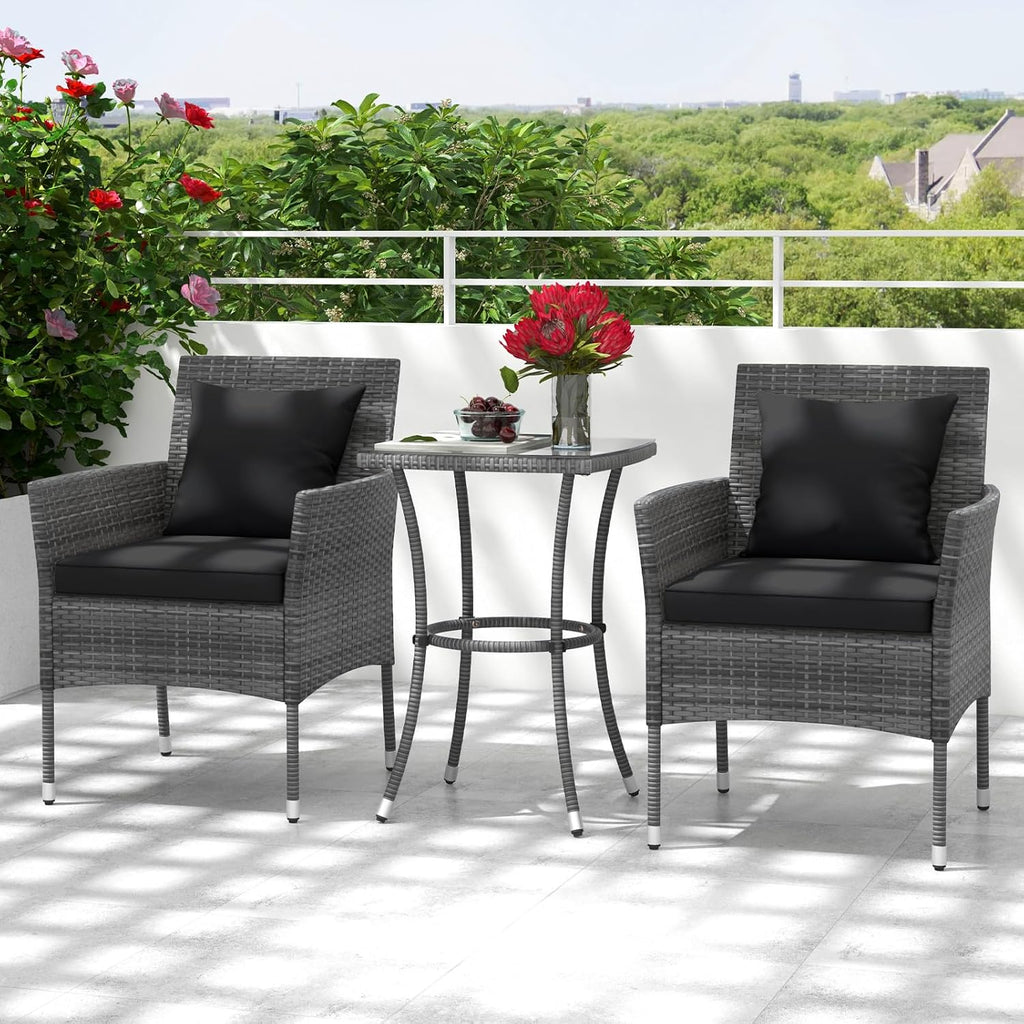Tangkula 3-Piece Patio Furniture Set, PE Wicker Conversation Bistro Set w/A Tempered Glass Table & 2 Cushioned Chairs, Outdoor Table & Chairs Set for Patio Porch Yard Garden (Black)