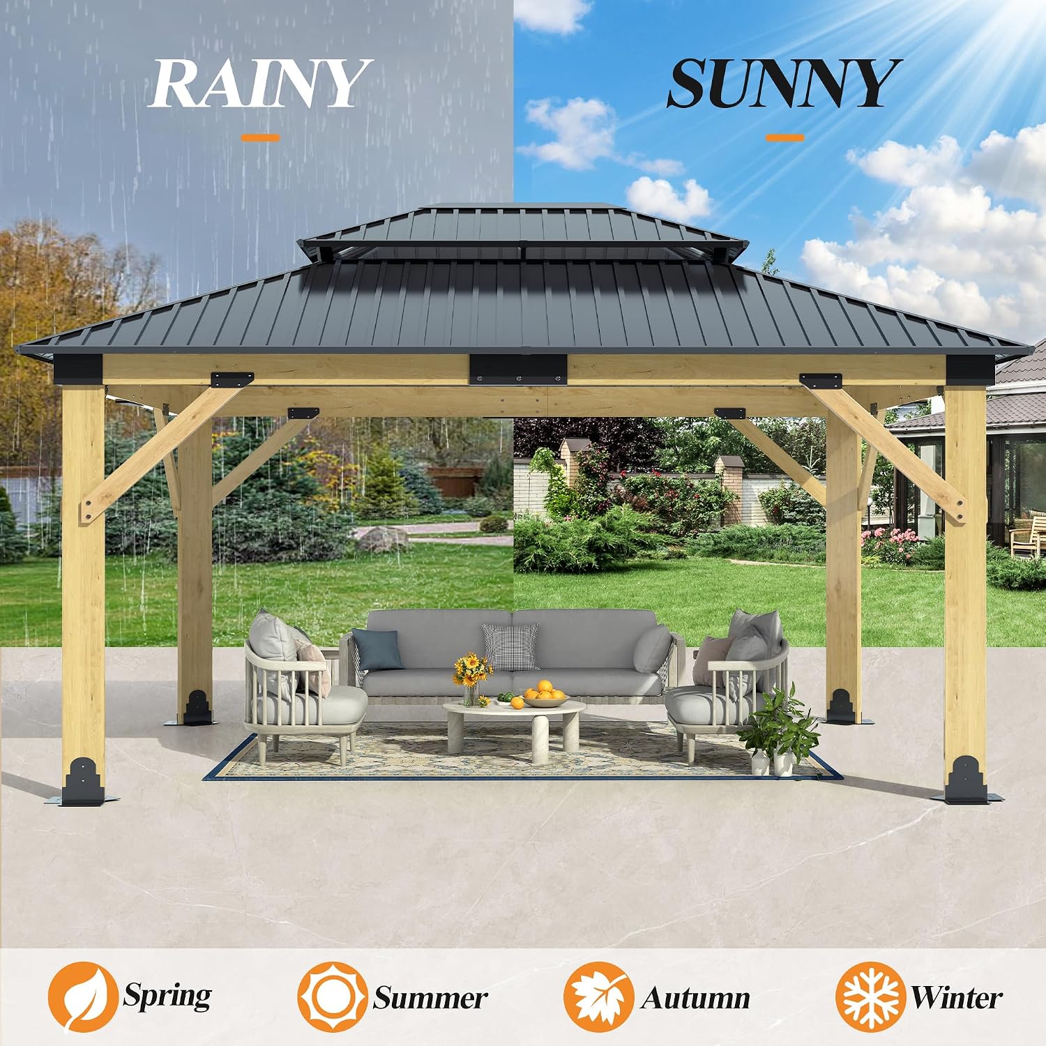 13'x15' Outdoor Wooden Gazebo - Patio Galvanized Steel Gazebos with Double Vented Roof, Heavy-Duty Wood Gazebo for Garden, Lawn, Poolside, Backyard Deck