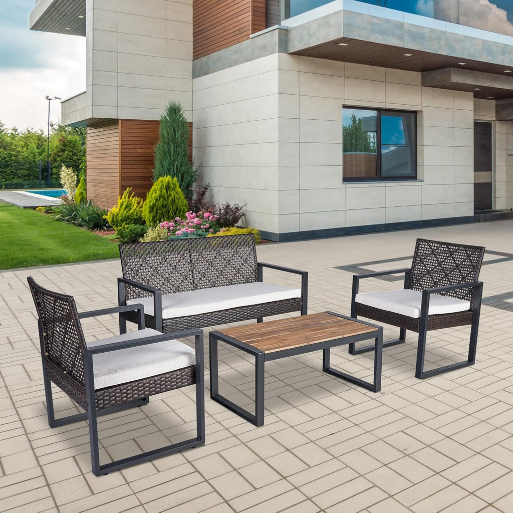 Merax 4 Pcs Patio Furniture Set, Outdoor Acacia Wood Table with 3 Chairs, All-Weather Garden Balcony Backyard Lawn Conversation Set (Brown and Beige)