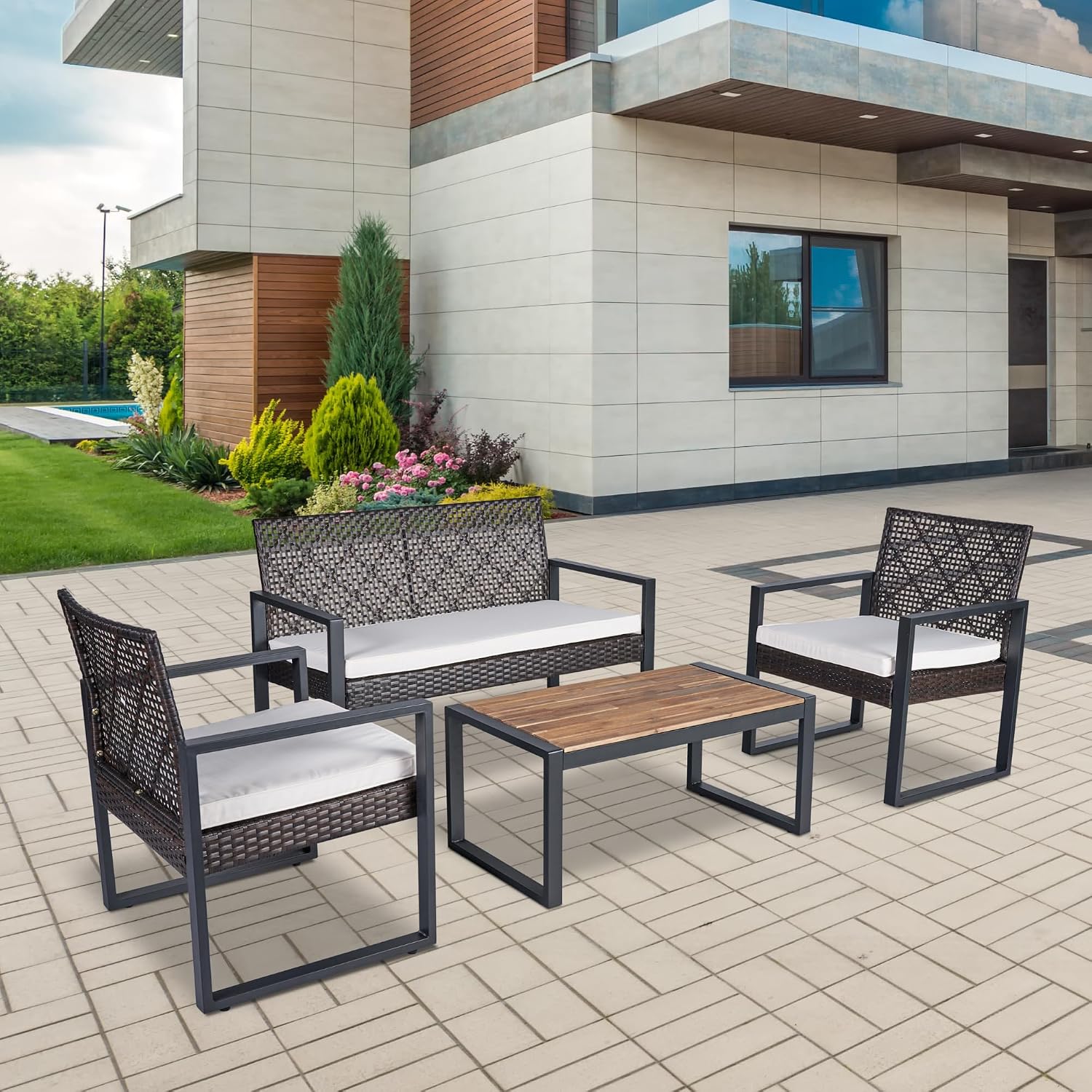 Merax 4 Pcs Patio Furniture Set, Outdoor Acacia Wood Table with 3 Chairs, All-Weather Garden Balcony Backyard Lawn Conversation Set (Brown and Beige)