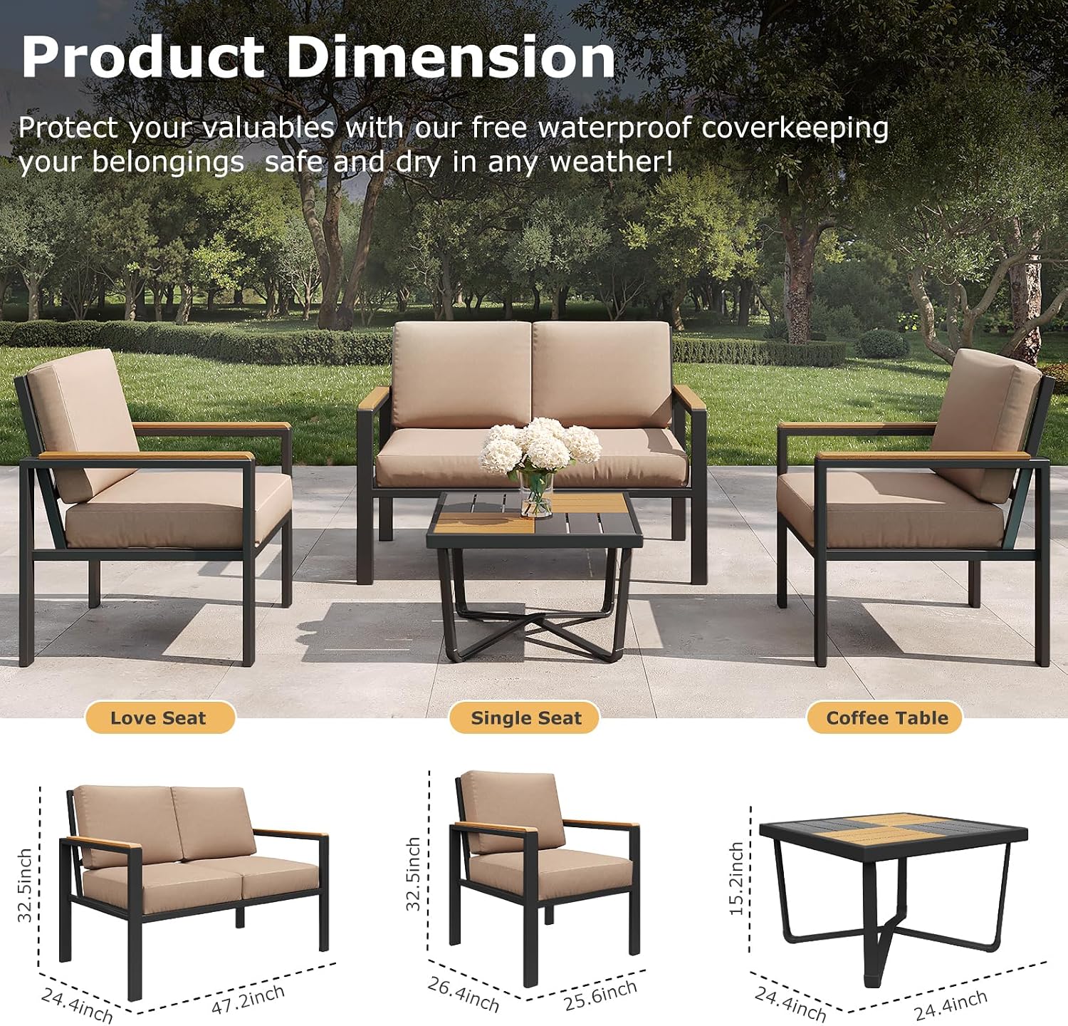 4-Piece Outdoor Patio Furniture Set, Metal Conversation Sofa Set with Deep Cushions & Wood-Like Armrests, Modern Patio Seating with Coffee Table for Garden, Porch, Balcony, Backyard (Brown)