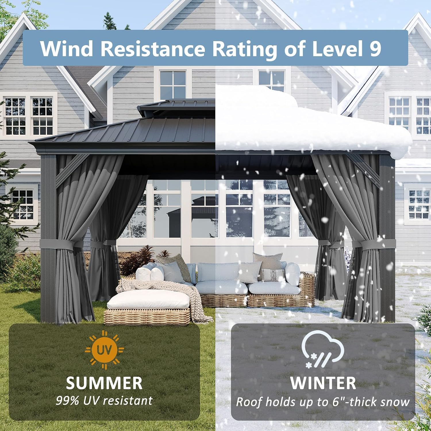 Aoxun 10' x 14' Permanent Hardtop Gazebo with Galvanized Steel Double Roof and Aluminum Frames Outdoor Large Pavilion Gazebo for Patio Deck Garden, Nettings and Curtains Included, Gray