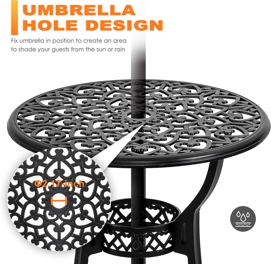 NUU GARDEN 3 Piece Outdoor Bistro Set, Outdoor Cast Aluminum Patio Bistro Table and Chairs Set of 2 with Umbrella Hole and Green Cushions for Backyard, Balcony, Porch, Black