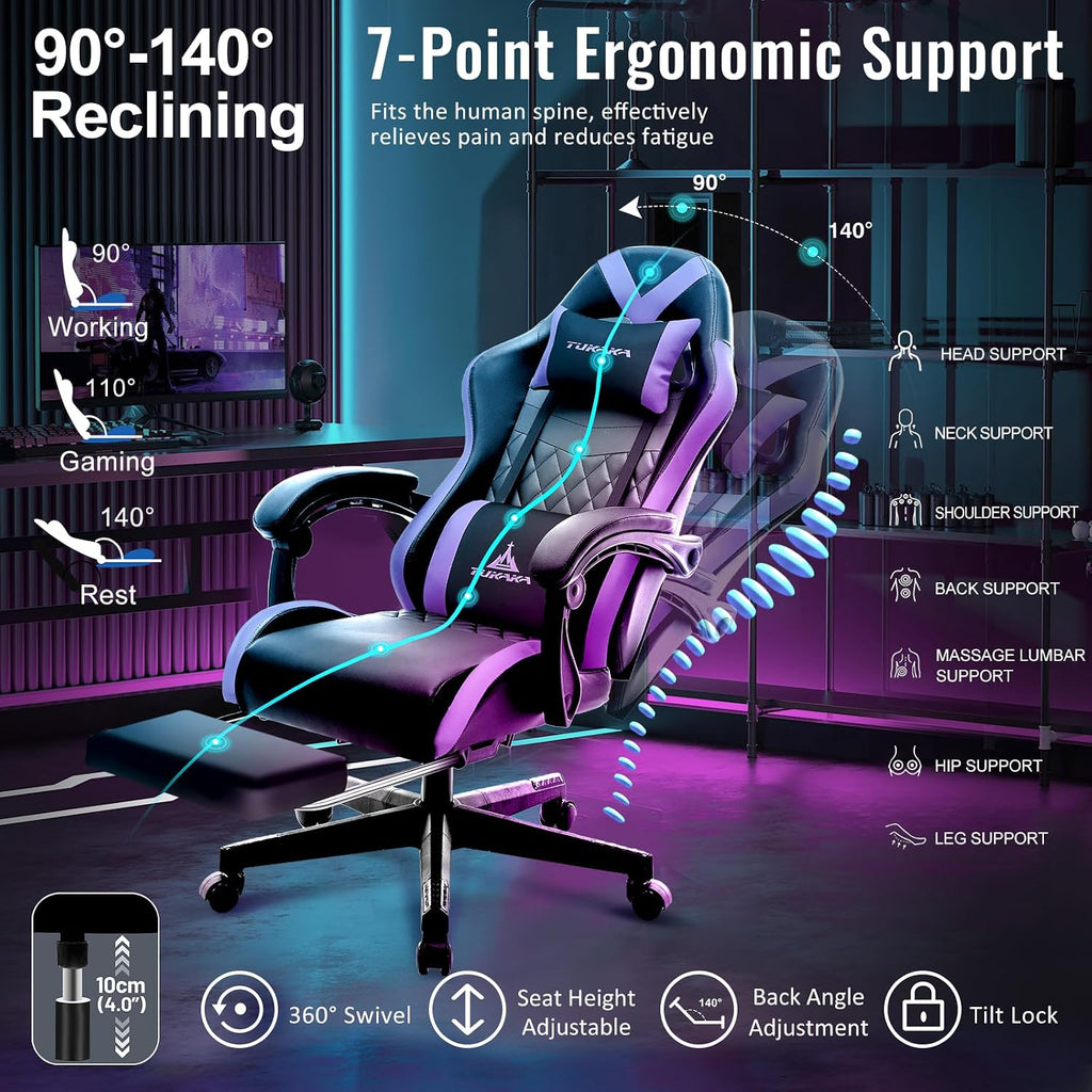 Gaming Chair,Ergonomic Massage Computer Office Desk Chair with Footrest,Pocket Spring Cushion,Reclining Leather Adjustable Gamer Chair with Headrest and Lumbar Support,Purple