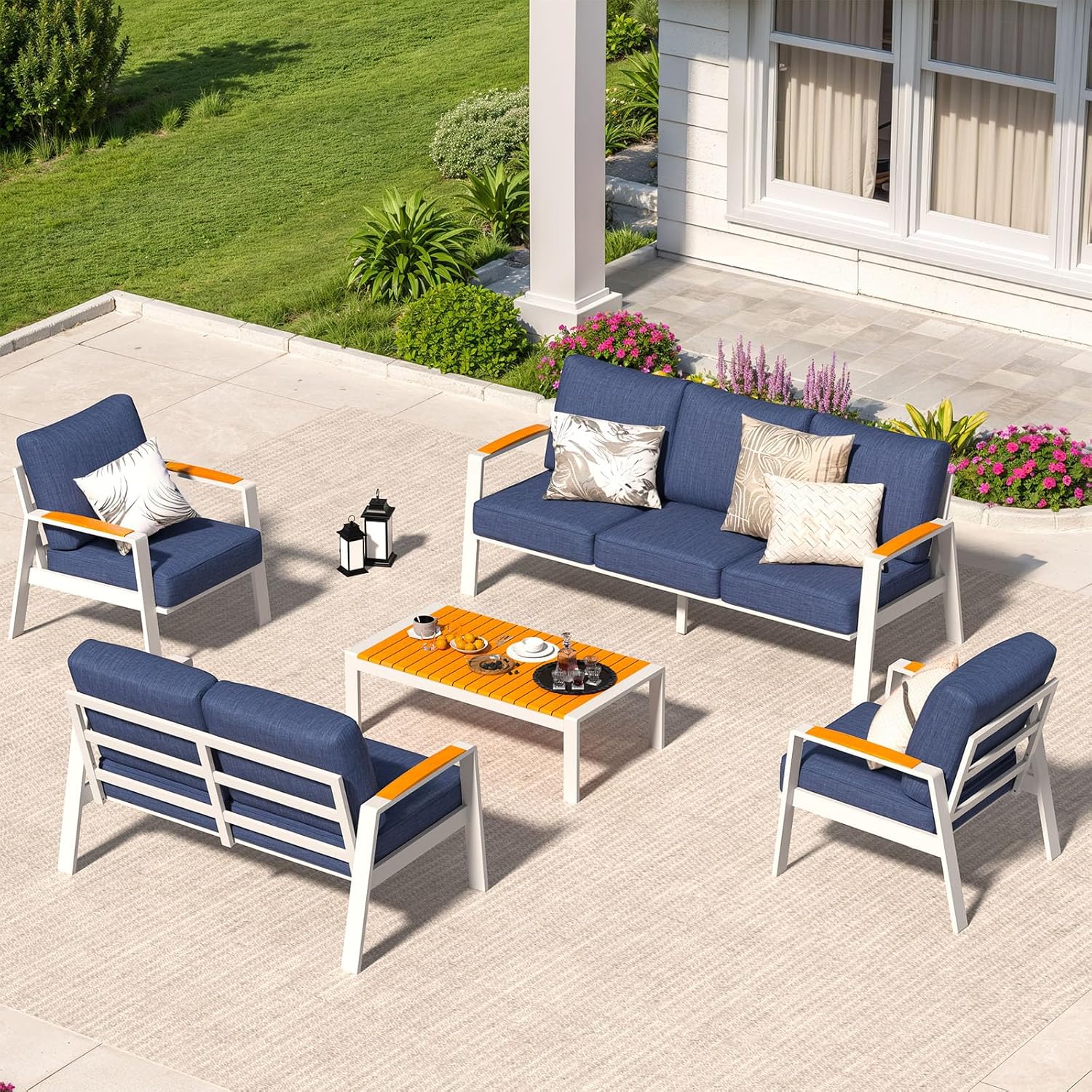 Outdoor Couch Aluminum Patio Furniture Set, All-Weather Metal Loveseat Sofa with Solid Teak Armrest and Thick Cushions, Blue