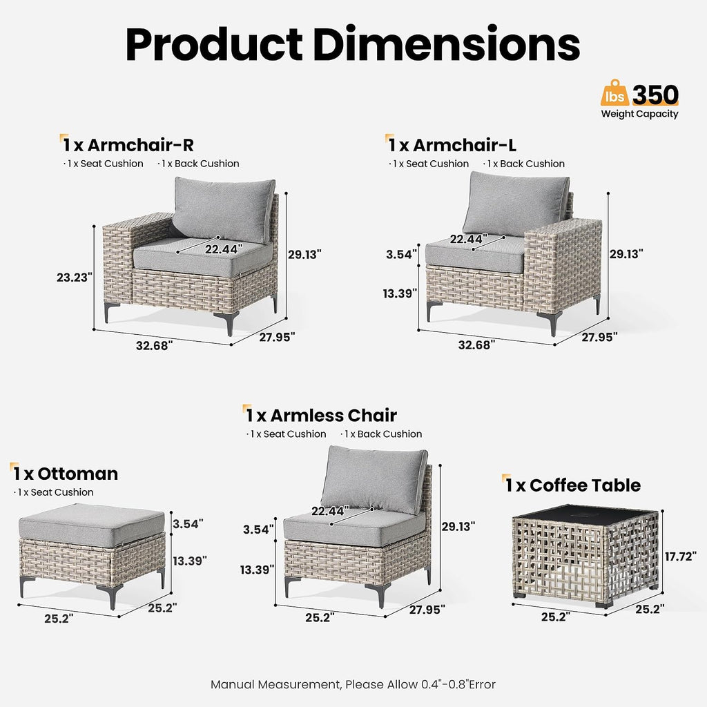ovios 5-Piece Patio Furniture Set with L-Shape Sofa Chaise, Outdoor Sectional Couch Solar Table, Modern Modular Wicker Rattan Conversation Set, Dark Grey