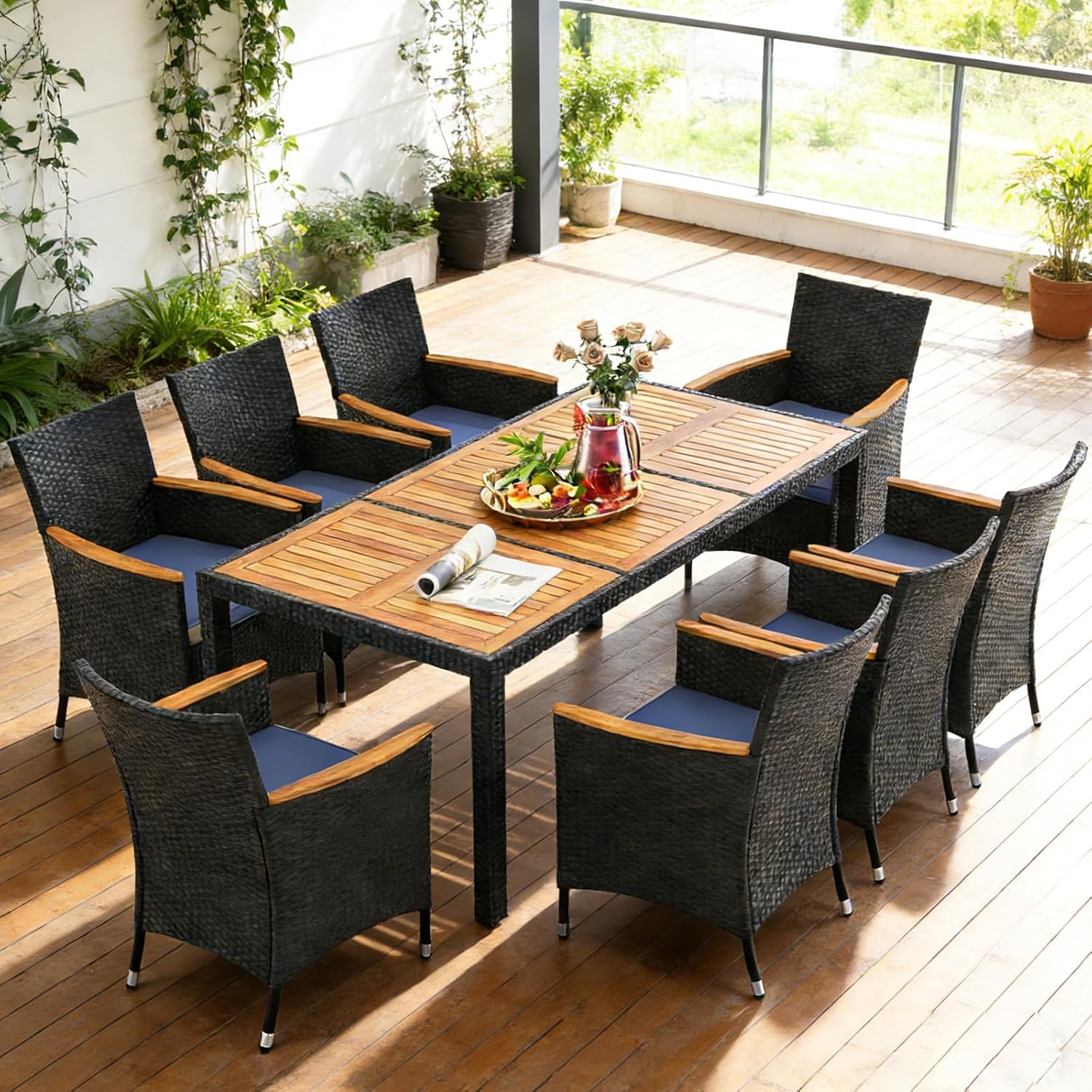 COSTWAY 9-Piece Patio Dining Set for 8, Outdoor Rattan Wicker Table and Chairs Furniture Set with Umbrella Hole, Acacia Wood Tabletop for Backyard, Balcony, Poolside, Black & Navy