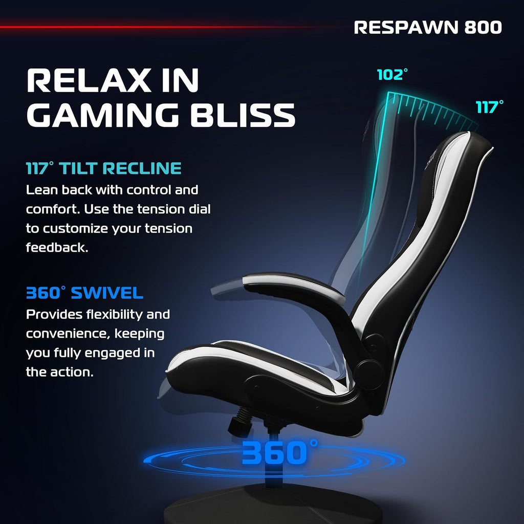 RESPAWN 800 Swivel Rocker Gaming Chair - Ergonomic Floor Gaming Seat with Lumbar Support, Flip Up Armrest, High Back, Pedestal Base, Comfortable No Wheels Console Video Game Rocker Chair - White