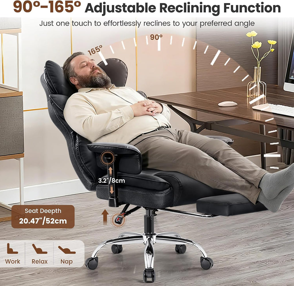 BESTFAIR Big and Tall Office Chair - Heavy Duty 400 LBS Executive Chair with Foot Rest, High Back Ergonomic Desk Chair, Padded Wide Seat Gaming Chair, Adjustable Armrests, Black 2 Pack