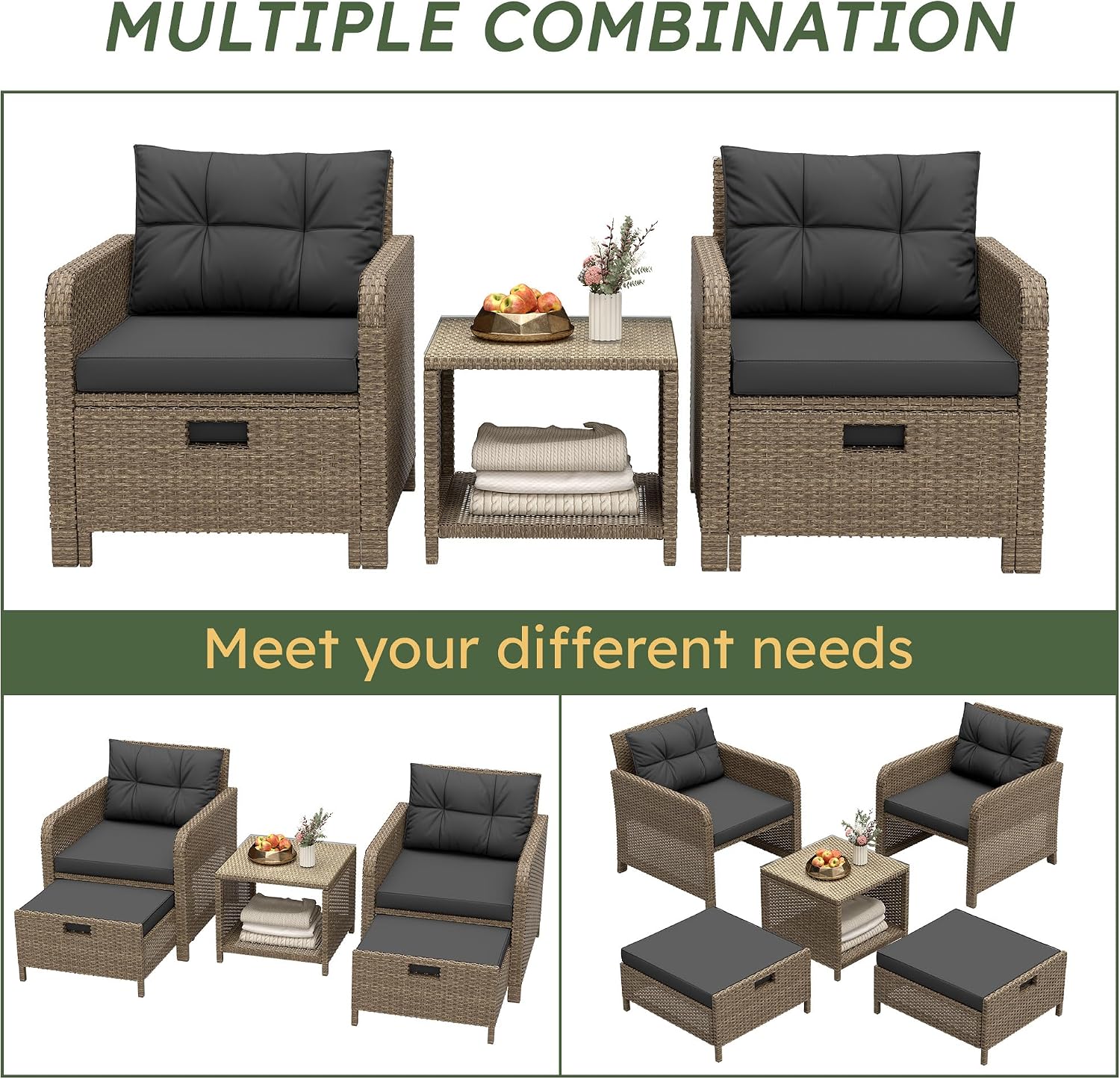 Balcony Furniture 5 Pieces Patio Set, Hand-Woven Rattan Patio Conversation Set with Soft Cushions & Coffee Table, Outdoor Chairs with Hidden Ottoman for Porch, Lawn, Garden, Balcony, Black