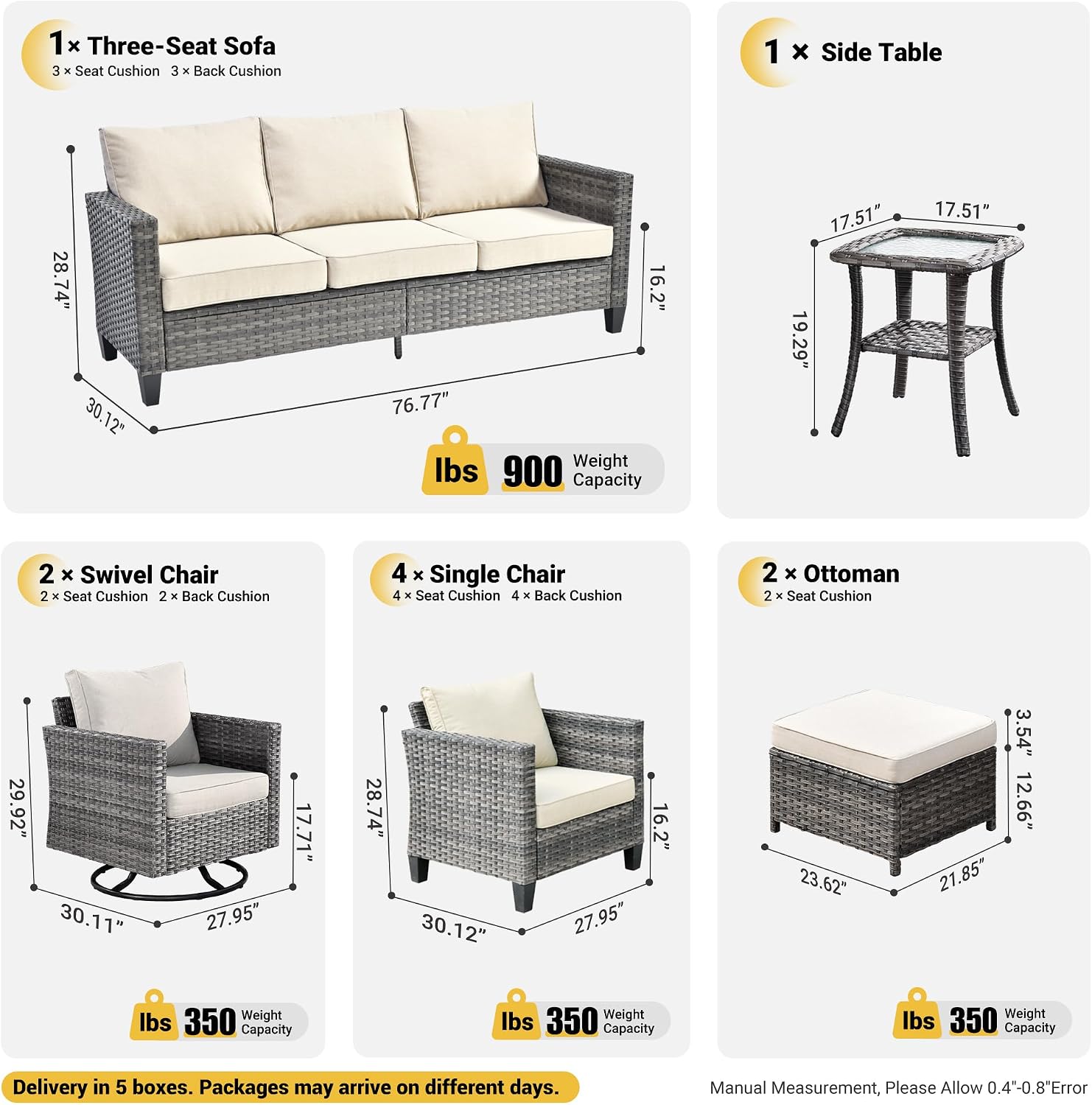 ovios 10 Pieces Patio Furniture Set, Outdoor Wicker Sofa Couch with Swivel Chairs, Rocking Glider Rocker with Comfy Cushions All Weather Rattan Conversation Set, Beige