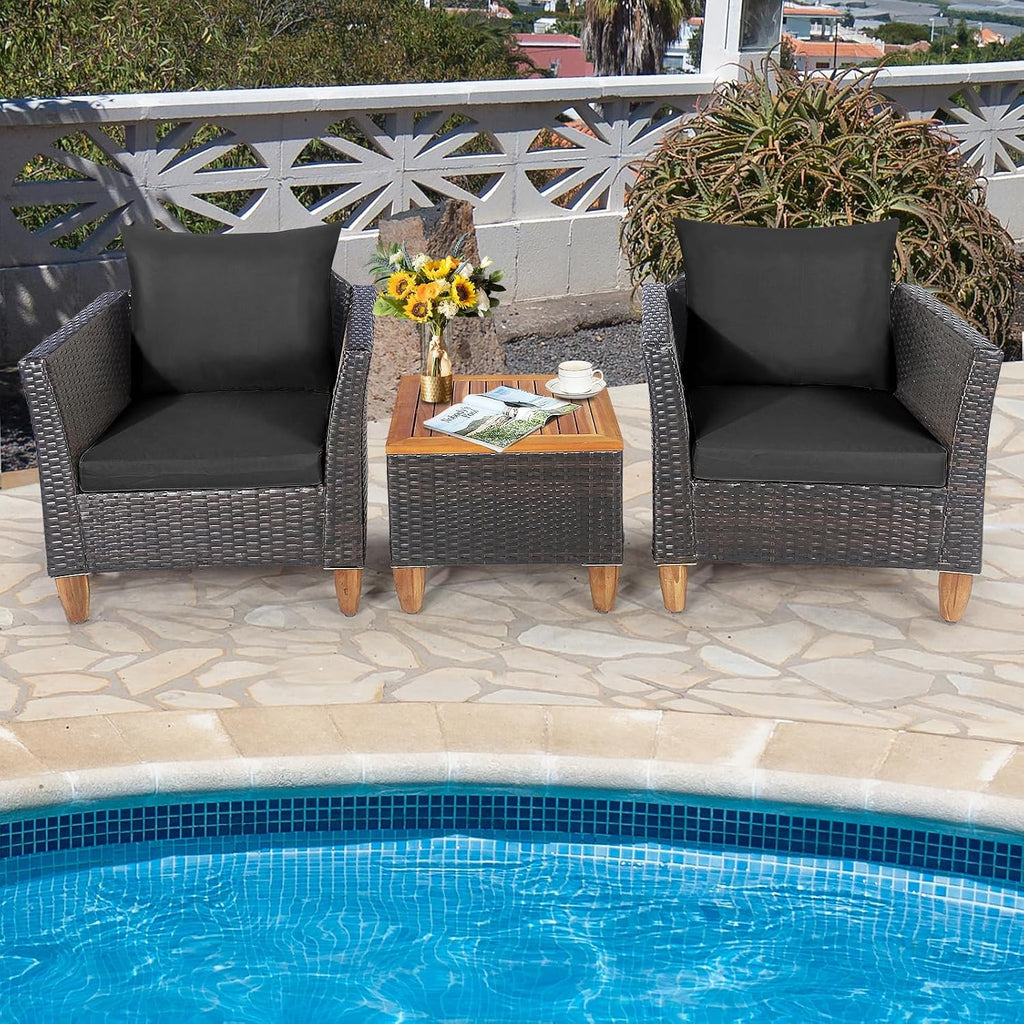 Tangkula 3-Piece Patio Furniture Set, Patiojoy Outdoor PE Wicker Bistro Set with Soft Cushions and Solid Acacia Wood, Outdoor Conversation Set with Porch, Balcony and Garden (Black)