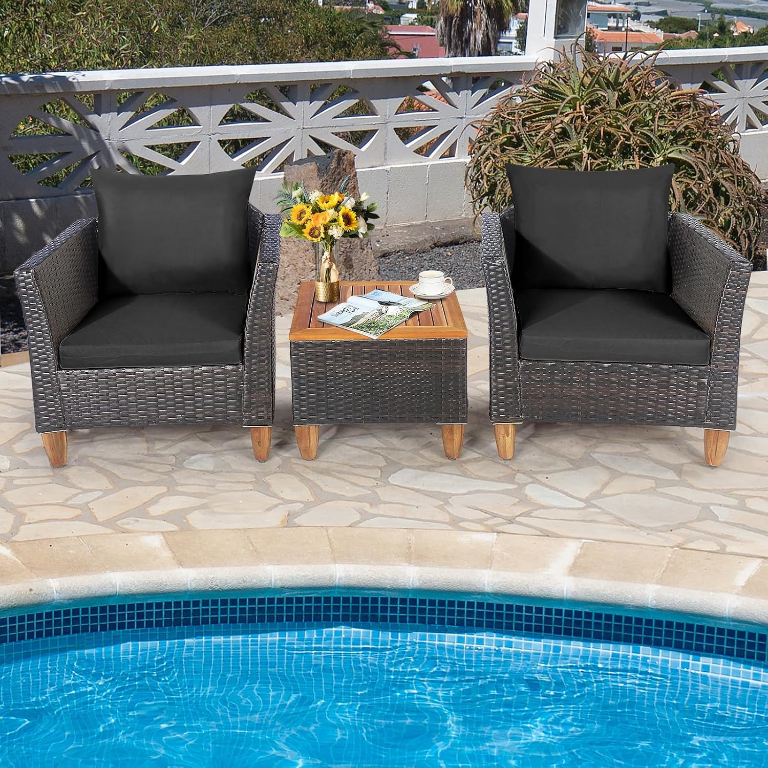 Tangkula 3-Piece Patio Furniture Set, Patiojoy Outdoor PE Wicker Bistro Set with Soft Cushions and Solid Acacia Wood, Outdoor Conversation Set with Porch, Balcony and Garden (Black)