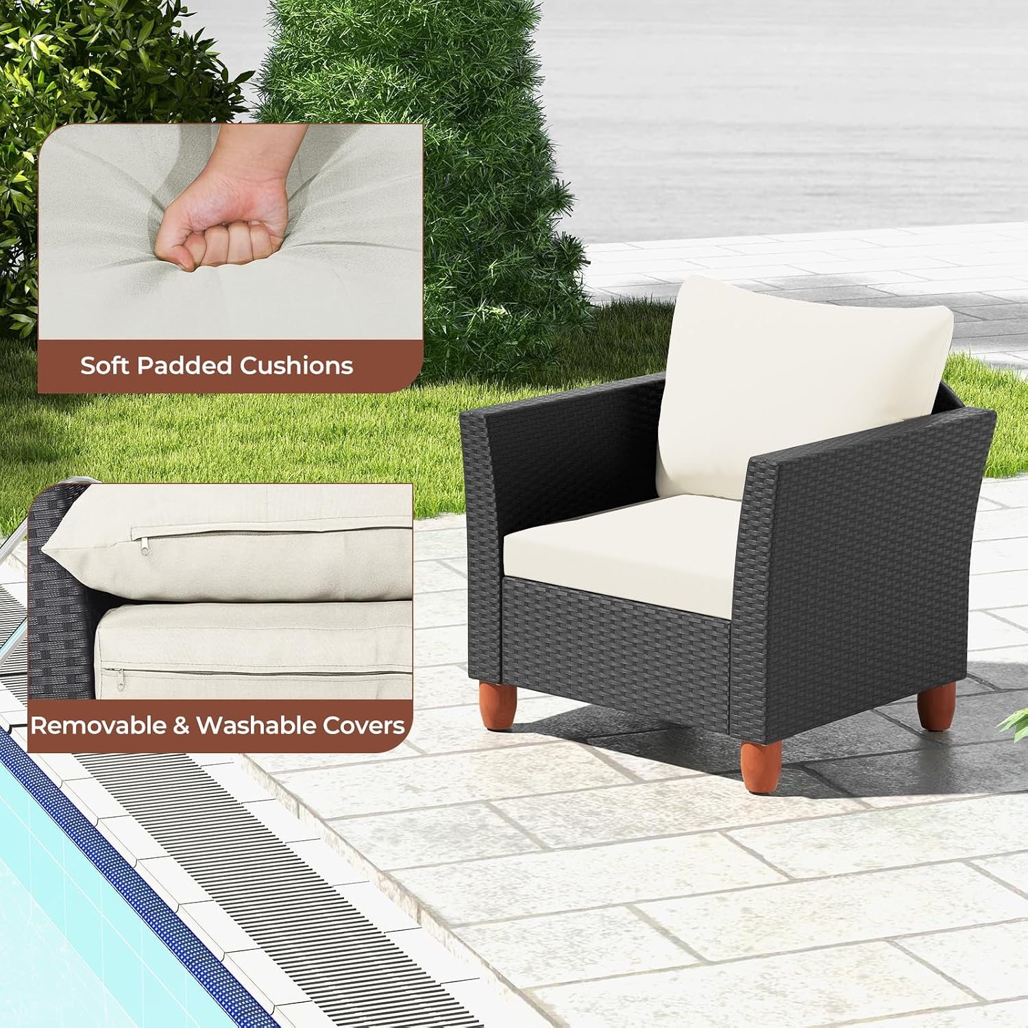 ORALNER 3 Pieces Patio Furniture Set, Outdoor Wicker Conversation Chairs with Cushion, Acacia Coffee Table, Rattan Bistro Set for Balcony Garden Backyard Front Porch Poolside (Off White)