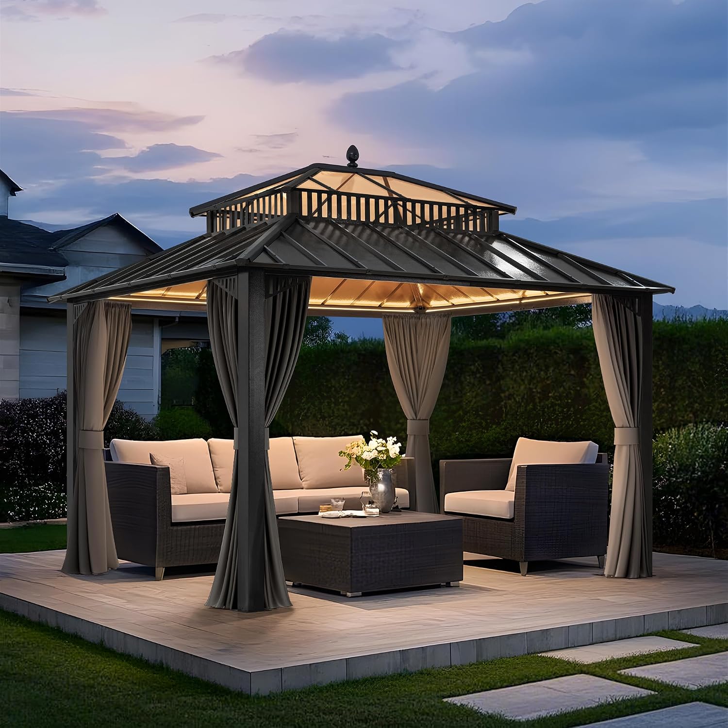 SUNJOY Kingston 12' x 10' Hardtop Gazebo with Galvanized Steel/Polycarbonate Double Roof, Curtain and Netting, Gray Aluminum Posts Permanent Pavilion Gazebo for Garden, Patio, Deck, Lawn
