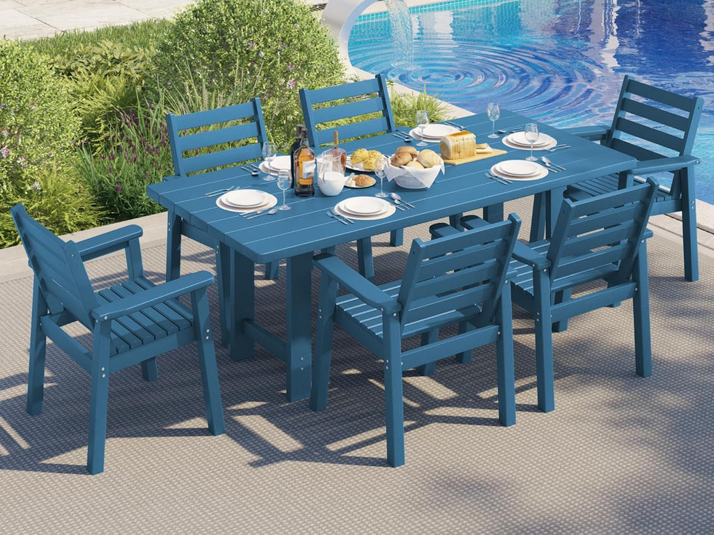 AMERLIFE 7-Piece HDPE Outdoor Dining Table Set with 6 Chairs, 71' Patio Dining Table Sets with Umbrella Hole, Modern Dinner Table & Chairs Set for Garden, Backyard, Poolside, Blue