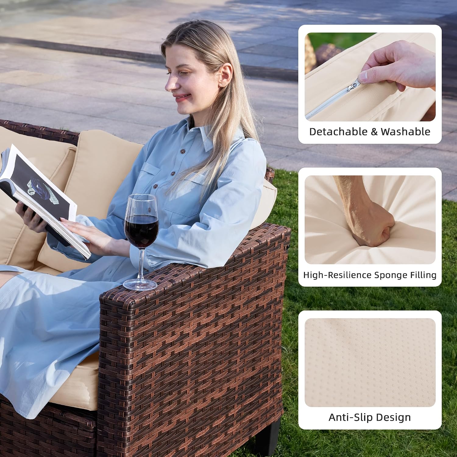 UDPATIO Patio Furniture Set with Fire Pit Table and Swivel Rocking Chairs, 5 Pieces Outdoor Wicker Furniture Set with Waterproof Cover, 4'' Thickened Cushion, Khaki