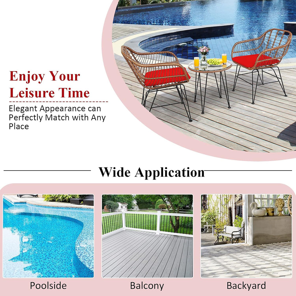 Tangkula 3 Pieces Patio Conversation Bistro Set, Outdoor Wicker Furniture w/Round Tempered Glass Top Table & 2 Rattan Armchairs, Bistro Chat Set w/Seat Cushions for Porch, Backyard, Garden