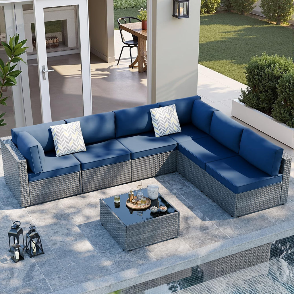 SUNLEI 7pcs Patio Conversation Sets Outdoor Furniture Sets, High Back All-Weather Rattan Sectional Sofa with Tea Table&Washable Couch Cushions(Silver Rattan) (Aegean Blue)