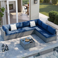 SUNLEI 7pcs Patio Conversation Sets Outdoor Furniture Sets, High Back All-Weather Rattan Sectional Sofa with Tea Table&Washable Couch Cushions(Silver Rattan) (Aegean Blue)