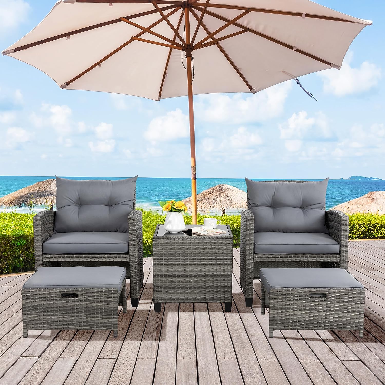 Vongrasig 5 Piece Patio Furniture Set, Small Balcony Furniture, PE Wicker Rattan Patio Chairs Set of 2, Outdoor Lounge Chairs with Cushions Ottomans &Glass Table for Porch Garden(Light Grey)