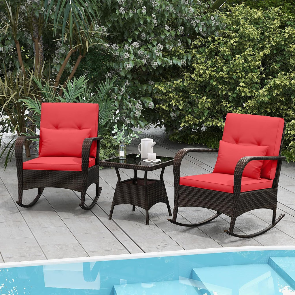 ORALNER 3 Pieces Patio Furniture Set, Outdoor Wicker Rocking Chairs with Cushions, Pillows, Glass Coffee Table, Rattan Bistro Rocker Set for Balcony Front Porch Poolside Garden Deck Yard (Red)