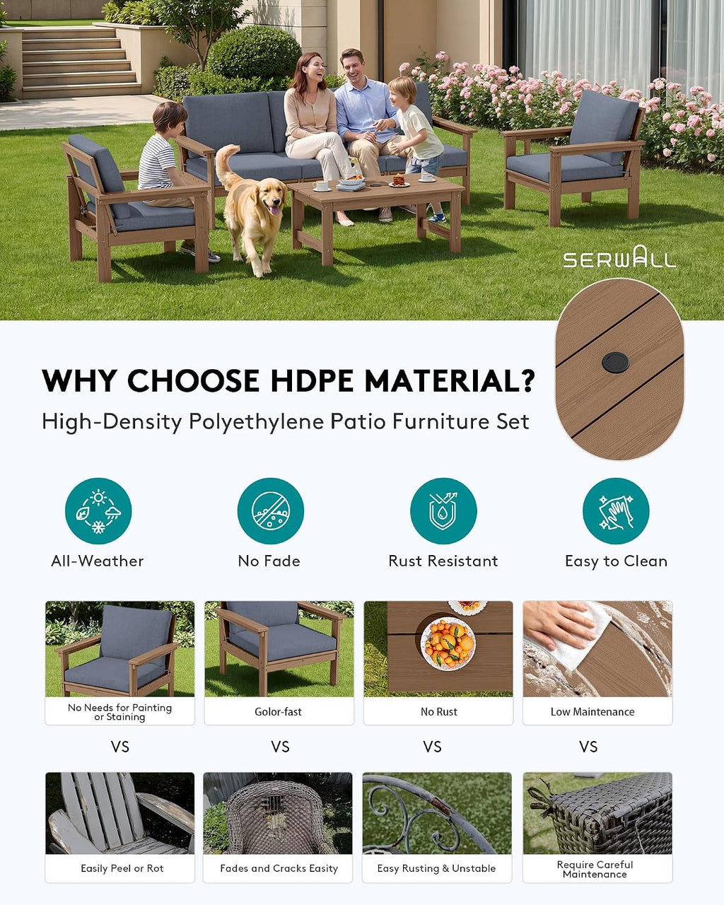 SERWALL HDPE Patio Conversation Set, 6-piece Sectional Outdoor Furniture Set, All Weather Outdoor Couch Set Patio Furniture Set for Deck, Lawn, Grey Frame with Grey Cushion