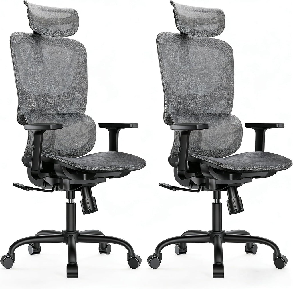 HUANUO Ergonomic Mesh Office Chair with 5-Level Lumbar Support, Computer Gaming Chair with Adjustable Headrest & Armrests, Rocking Tilt, Comfortable High Back Desk Chair for Home Office,2 Pack