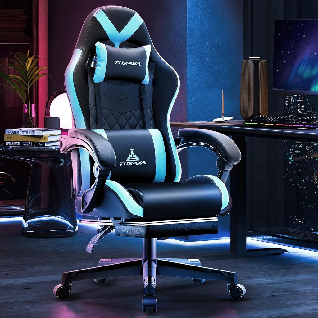 Gaming Chair,Ergonomic Massage Computer Office Desk Chair with Footrest,Pocket Spring Cushion,Reclining Leather Adjustable Gamer Chair with Headrest and Lumbar Support,Blue