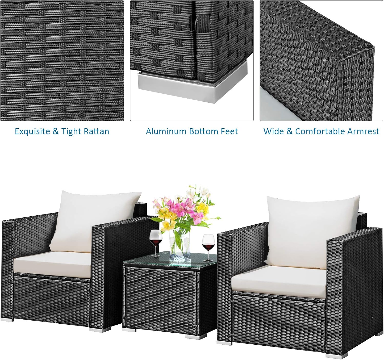 COSTWAY 3-Piece Outdoor Patio Furniture Set, Cushioned Armchairs and Tempered Glass Coffee Table, Wicker Rattan Sofa Set for Garden, Balcony, Backyard (White)