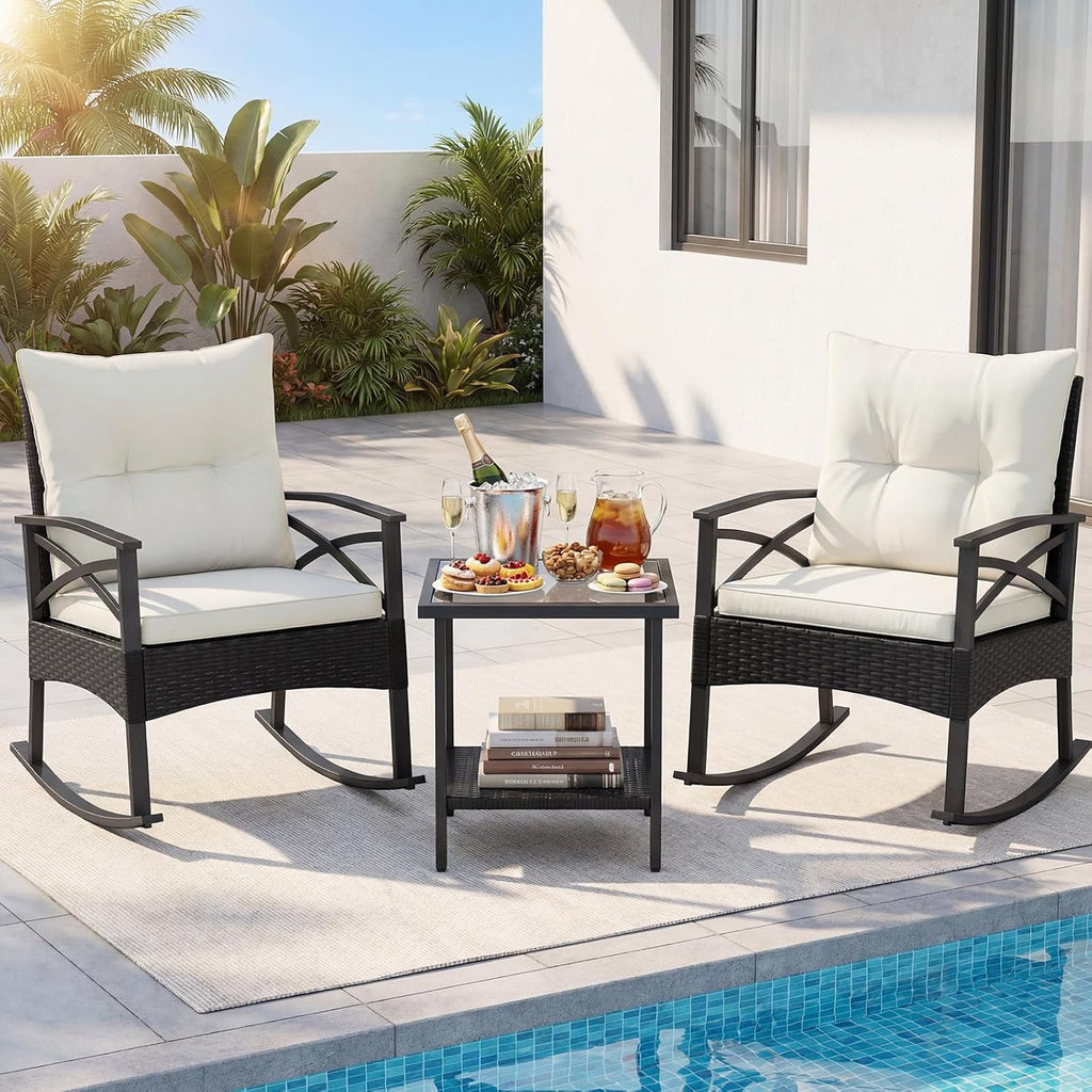 Tangkula 3 Pieces Outdoor Rocking Chairs Set, Rattan Heavy Duty Cushioned Rocker Chairs with 2-Tier Tempered Glass Coffee Table, for Garden, Balcony, Backyard (Black+Beige)