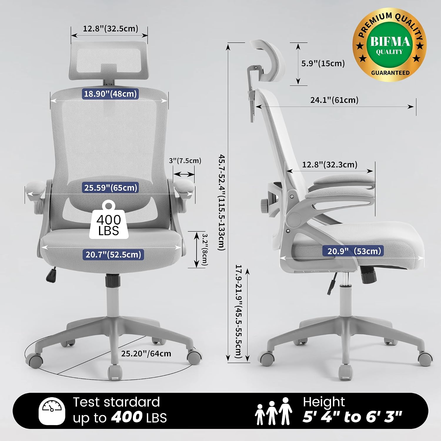 Fizzin Office Chair, Ergonomic Office Chair with Adjustable Headrest Lumbar Support Computer Chair, 400 lbs Desk Chair Comfy with Flip-up Armrests - Gaming Chairs for Adults Home Office (Gray)