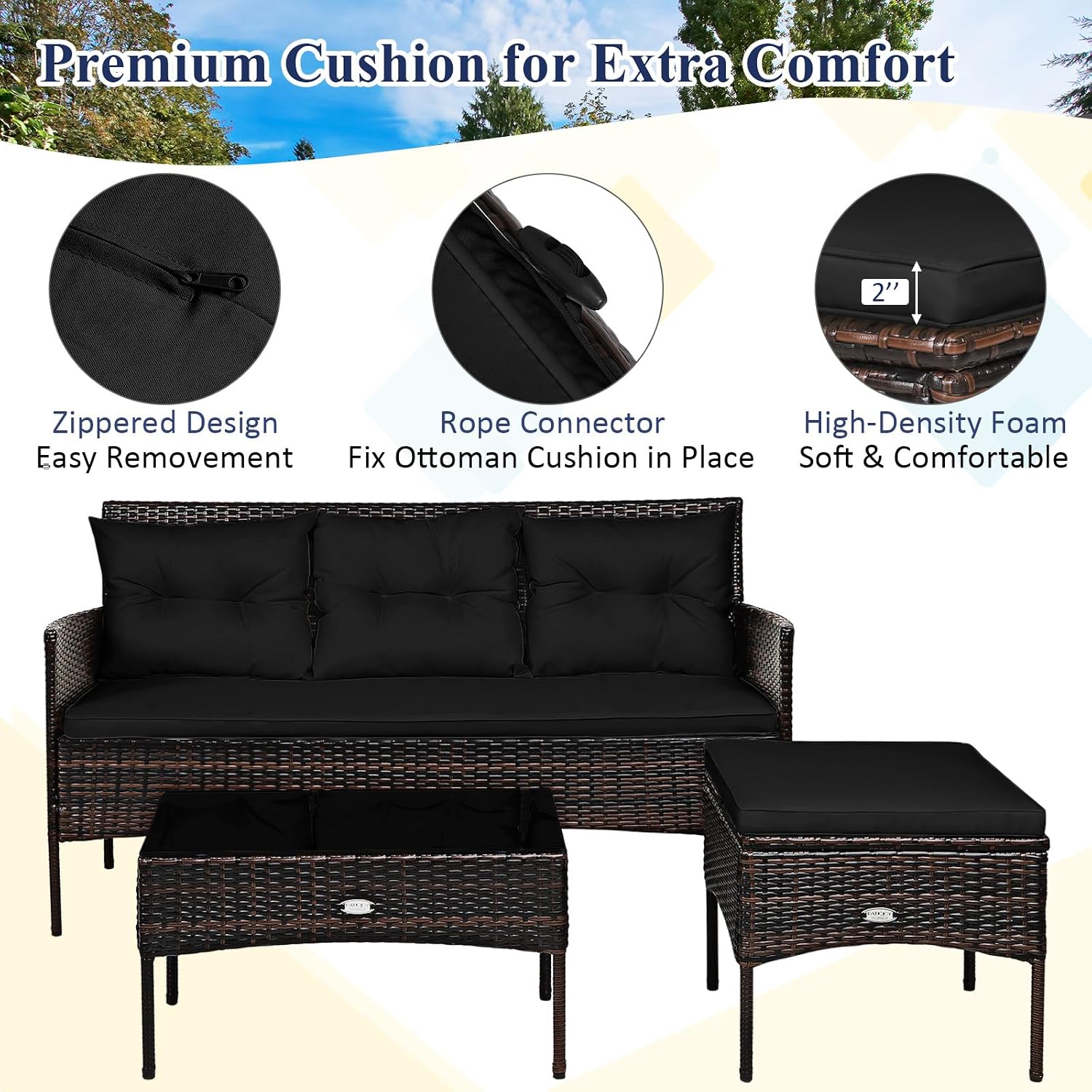 Tangkula 3 Pieces Patio Conversation Set, All Weather Outdoor PE Rattan Wicker Furniture Set with Padded Cushions, Tempered Glass Coffee Table, for Poolside, Backyard, Garden