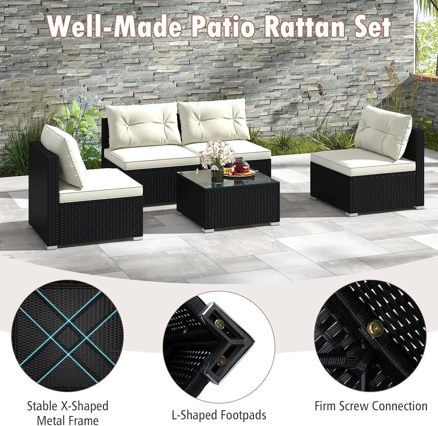 RELAX4LIFE 5-Piece Outdoor Patio Furniture Set, Rattan Sectional Sofa Set w/Glass-Top Coffee Table, Soft Seat & Back Cushions, Bistro Set for Garden Backyard Porch, Wicker Conversation Set (Off White)