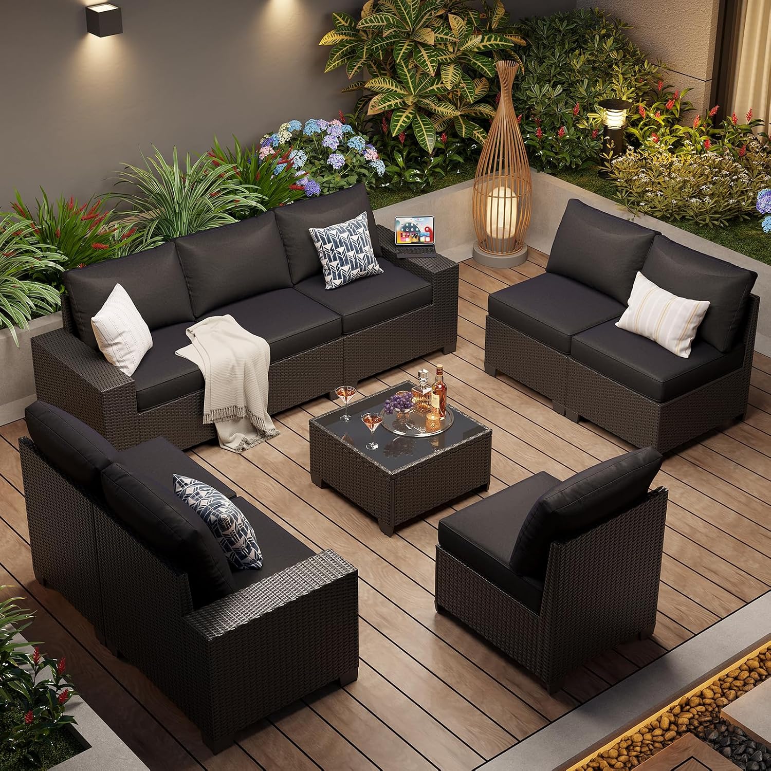 Aoxun Patio Furniture Set, 9 Pcs Outdoor Patio Furniture Sets with 4 in Thicken Cushion, Widen Armrests Wicker Outdoor Sectional for Backyard & Garden, Black