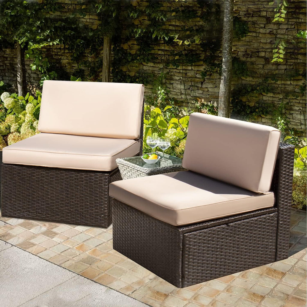 Devoko 2 Pieces Patio Furniture Sets,Wicker Outdoor Sofa with Thick Cushion and Pillow,Small Sectional Couch All-Weather Armless Sofa for Backyard,Porch & Poolside,Waterproof Patio Furniture