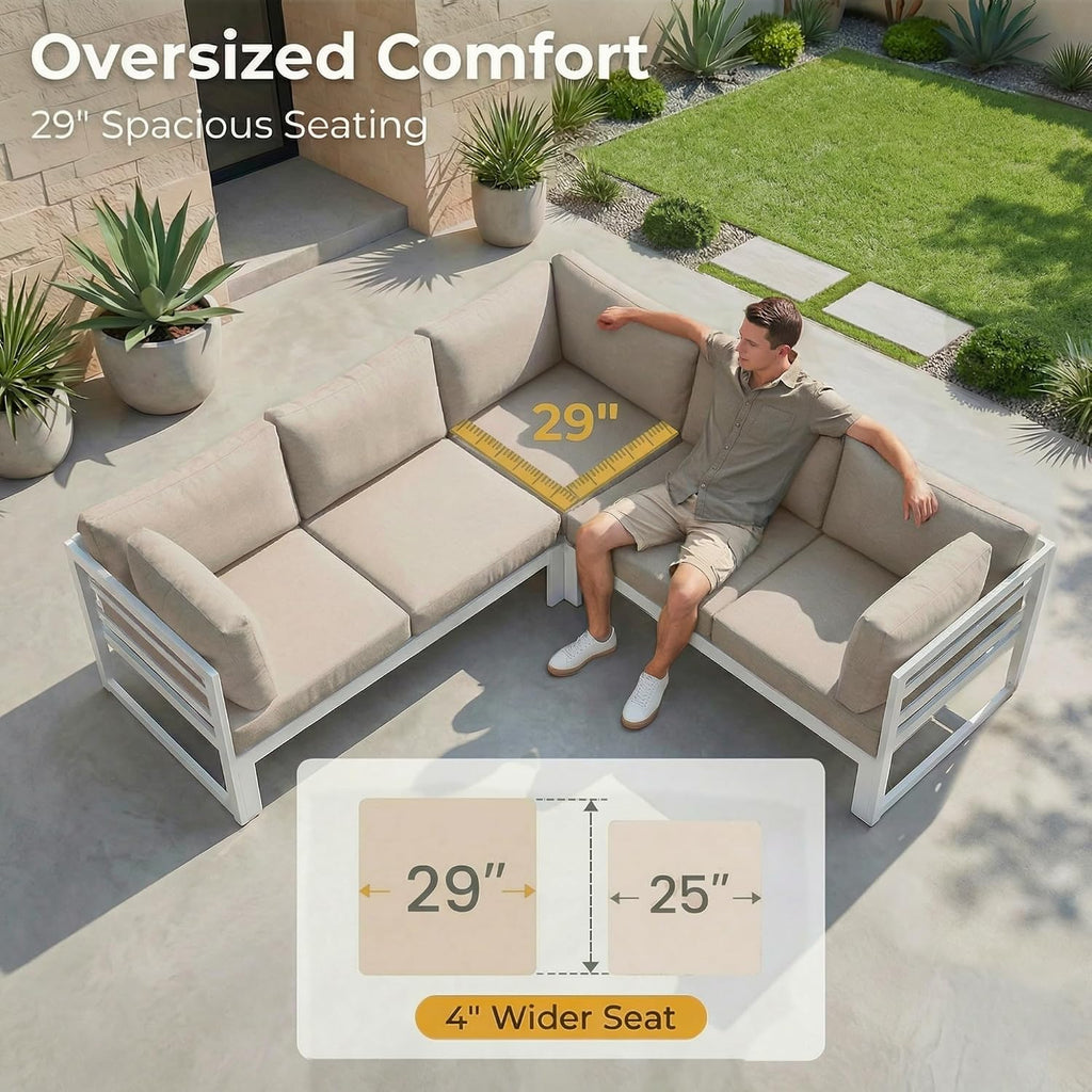 RADIATA 6 Seat Large Luxury Aluminum Patio Conversation Set with Fire Pit Table & Side Table, 29 inch Wide Deep Seated, U Shaped Sectional Couch, 500 lbs Heavy Duty Outdoor Sofa for Backyard, Beige