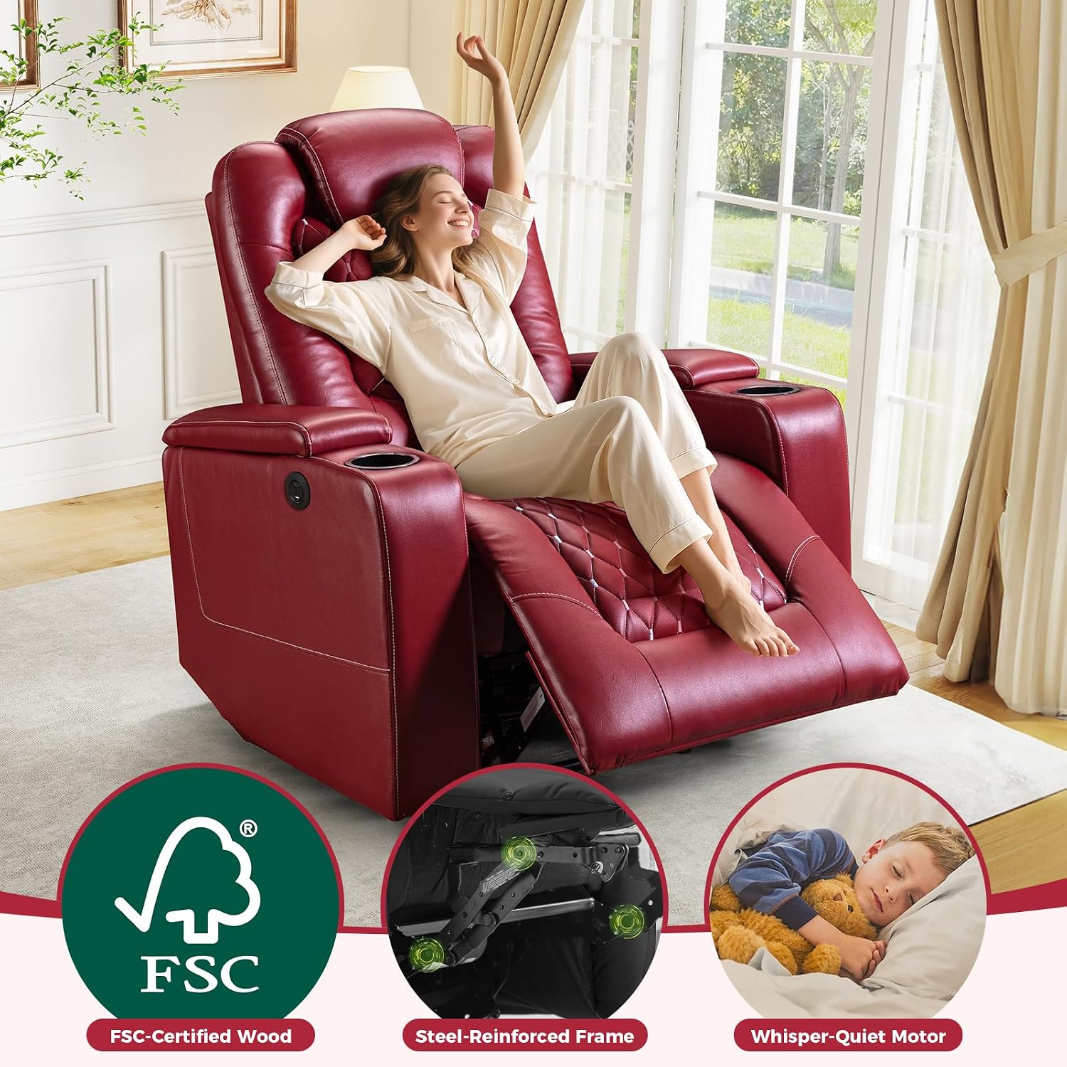 ANJ Power Recliner Chair Set of 4, Electric Soft Faux Leather Reclining Home Theater Seating - USB Ports, Cup Holders, Hidden Arm Storage Movie & Media Room Chairs (Red)