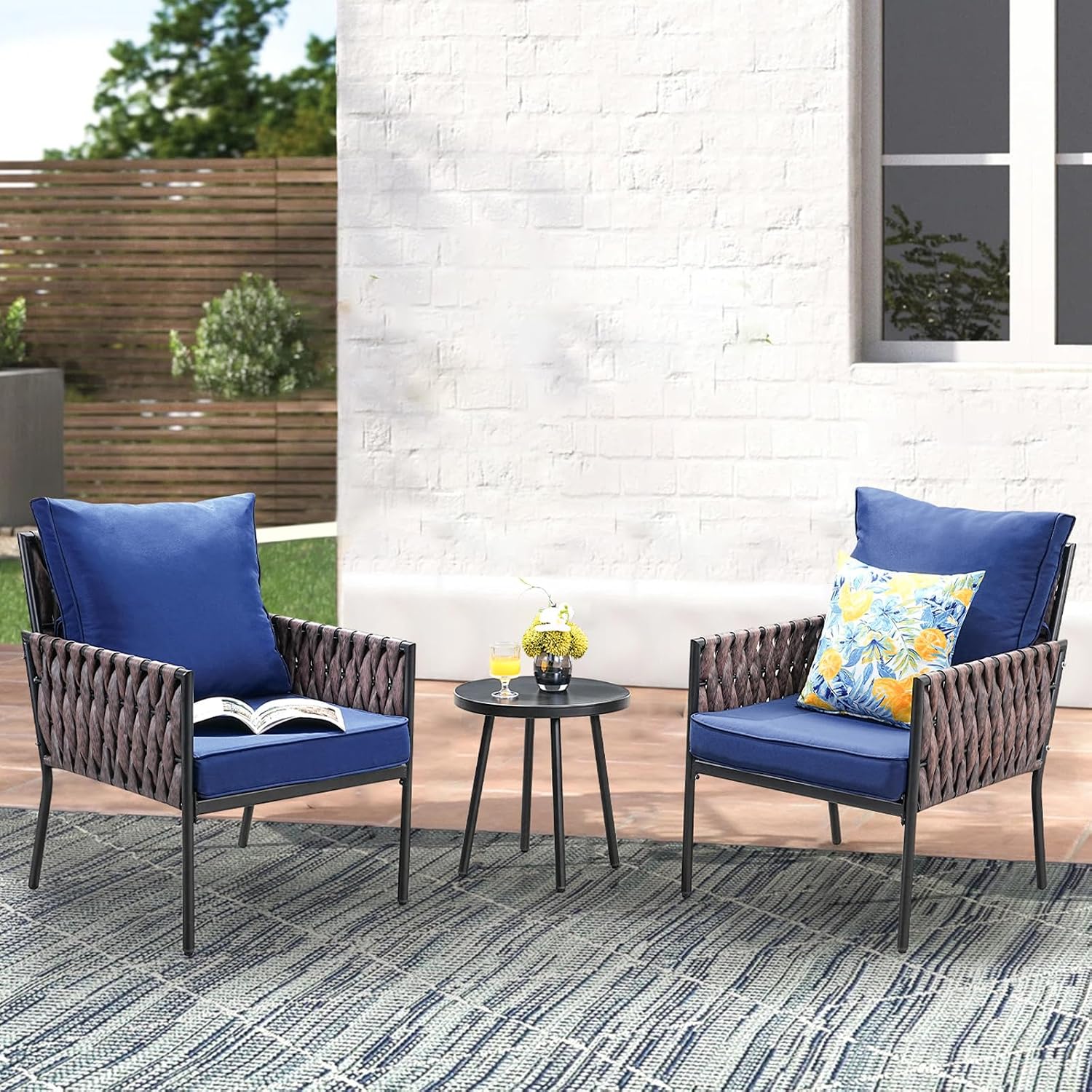 JOYURE 3 Pieces Patio Bistro Set,Patio Furniture Set with 2 Armrest Chairs and Round Side Table,Outdoor Modern Furniture Set with All-Weather Thick Cushion for Deck,Backyard,Navy