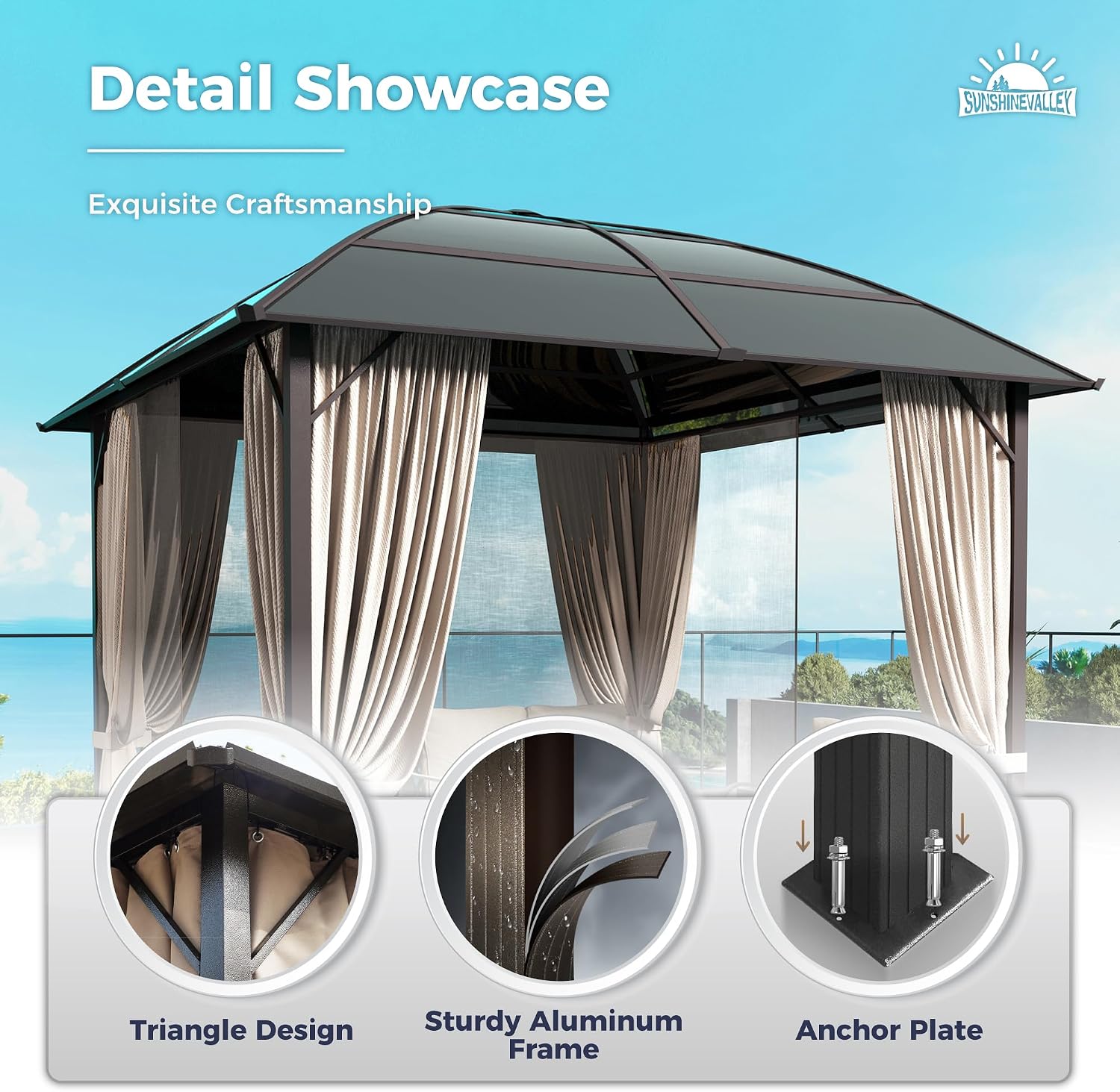 SUNSHINE VALLEY 10x10ft Hardtop Gazebo with Netting and Curtain, Outdoor Gazebo with Aluminum Frame and Polycarbonate Translucent Top, Patio Canopy for Deck, Backyard, Garden, Lawn