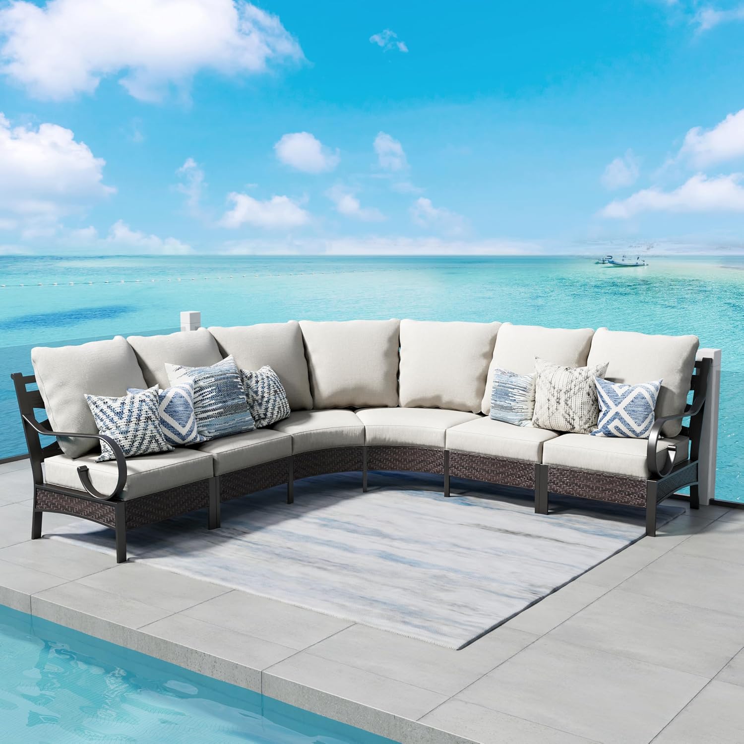 PHI VILLA 6 Piece Half Moon Patio Furniture Set, Outdoor Curved Wicker&Metal Sectional Conversation Set for Garden Balcony and Backyard