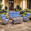 Luxury High Back Outdoor Furniture with 6-inch Extra Thick Cushions, Patio Furniture Set with Swivel Chairs, 4 PCS Wicker Conversation Set for Yard, Deck, Poolside, Brown/NavyBlue