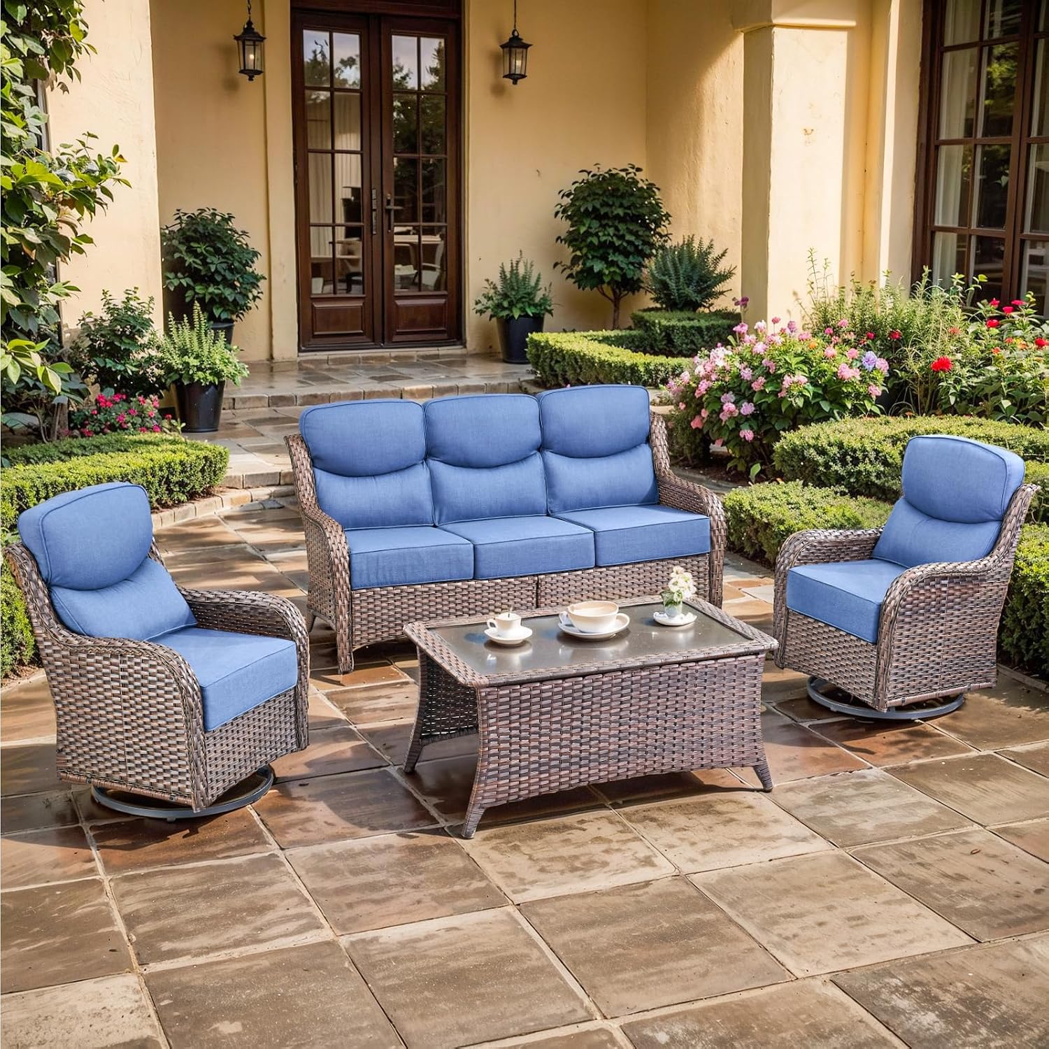 Luxury High Back Outdoor Furniture with 6-inch Extra Thick Cushions, Patio Furniture Set with Swivel Chairs, 4 PCS Wicker Conversation Set for Yard, Deck, Poolside, Brown/NavyBlue