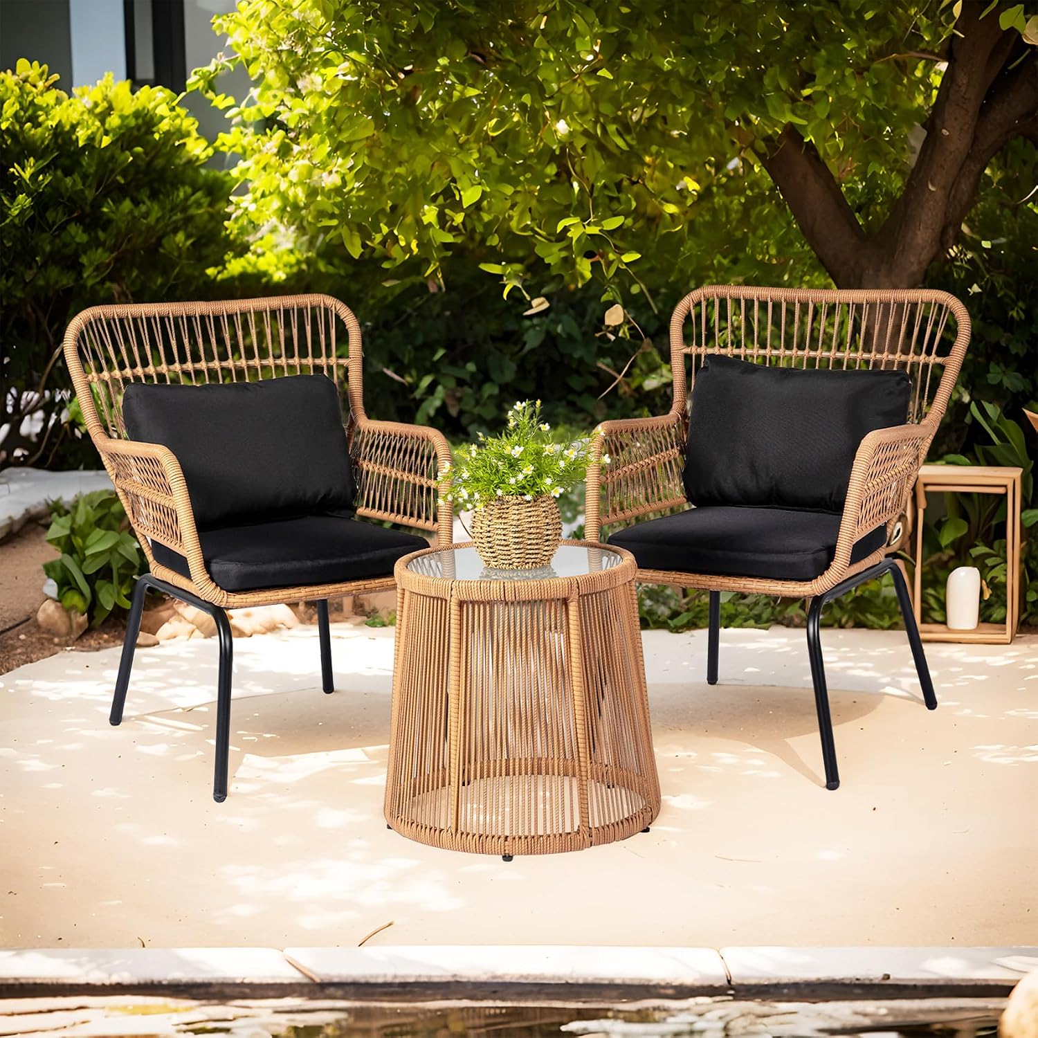 3 Piece Outdoor Wicker Furniture Bistro Set, Rattan Chairs Conversation Sets Wicker Patio Furniture for Balcony Poolside Backyard, Yellow/Black