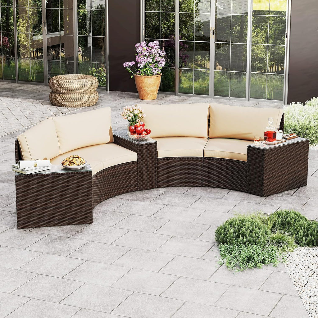 Tangkula 5 Pieces Patio Furniture Set, PE Rattan Half-Moon Curved Sectional Sofas with Tempered Glass Top Side Tables, Outdoor Conversation Set for Porch, Backyard & Poolside (Beige) | Breathable material